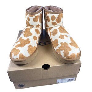 New UGG Classic Mini Cow Print Brown White Boots Women's 10 NIB Rare HTF